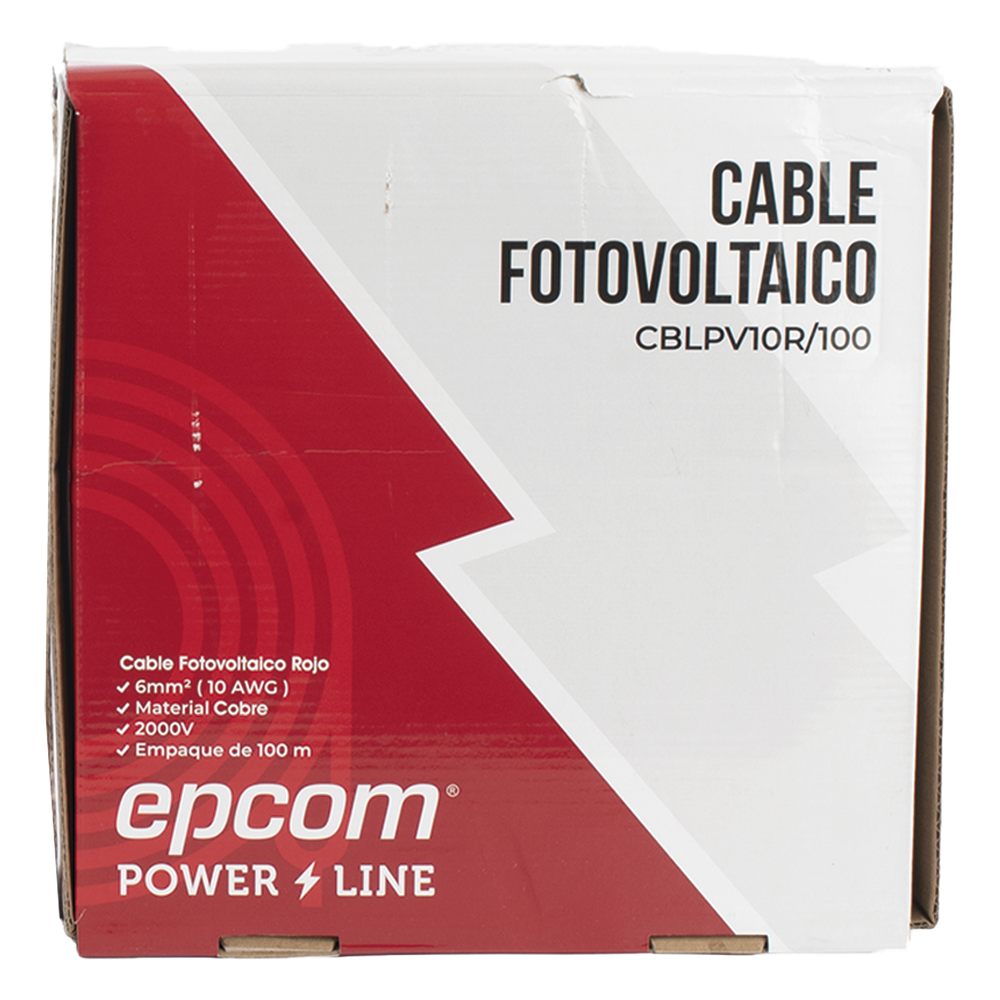 Kit de 2 rollos de 100 metros de cable fotovoltaico de cobre, rojo y negro, calibre 10 AWG (6mm²), Tipo PV,  1000/2000 V y 120°C.