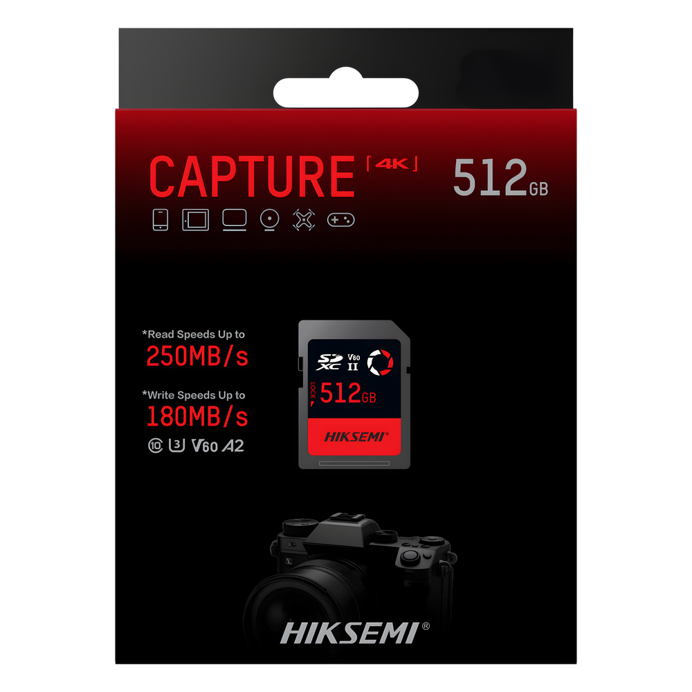 Memoria SD / 512 GB / 250 MB/s Lectura / 180 MB/s Escritura / V60 U3 / Para Fotografía Profesional 4K / HIKSEMI CAPTURE E60