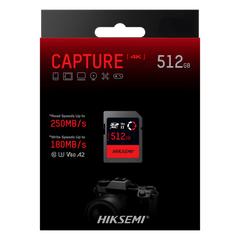 Memoria SD / 512 GB / 250 MB/s Lectura / 180 MB/s Escritura / V60 U3 / Para Fotografía Profesional 4K / HIKSEMI CAPTURE E60