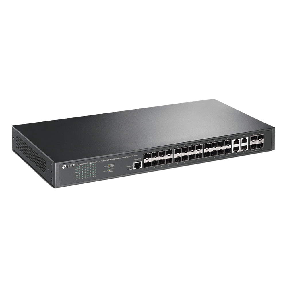 Switch de Fibra Óptica L2+ Omada / 24 puertos SFP 1GE / 4 Puertos Combinados SFP+/RJ45 Gigabit / 2 Puertos Consola RJ45|micro-SUB / Administración Centralizada Omada o Stand-Alone / Compatile con IPv6 /  Multicast IGMP