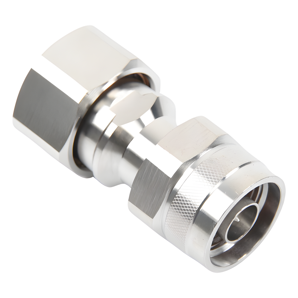 Adaptador en Línea de Conector 4.3-10 Macho a N Macho, Bronce Blanco/ Plata/ Teflón.