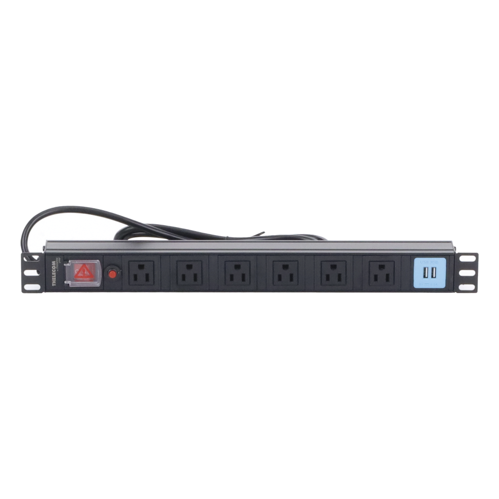 Tomacorriente Horizontal (PDU) de 6 contactos (NEMA 5-15R) + 2 USB para instalación en Rack de 19", 1UR, 125 Vca/ 15 A (THE0040091001001)