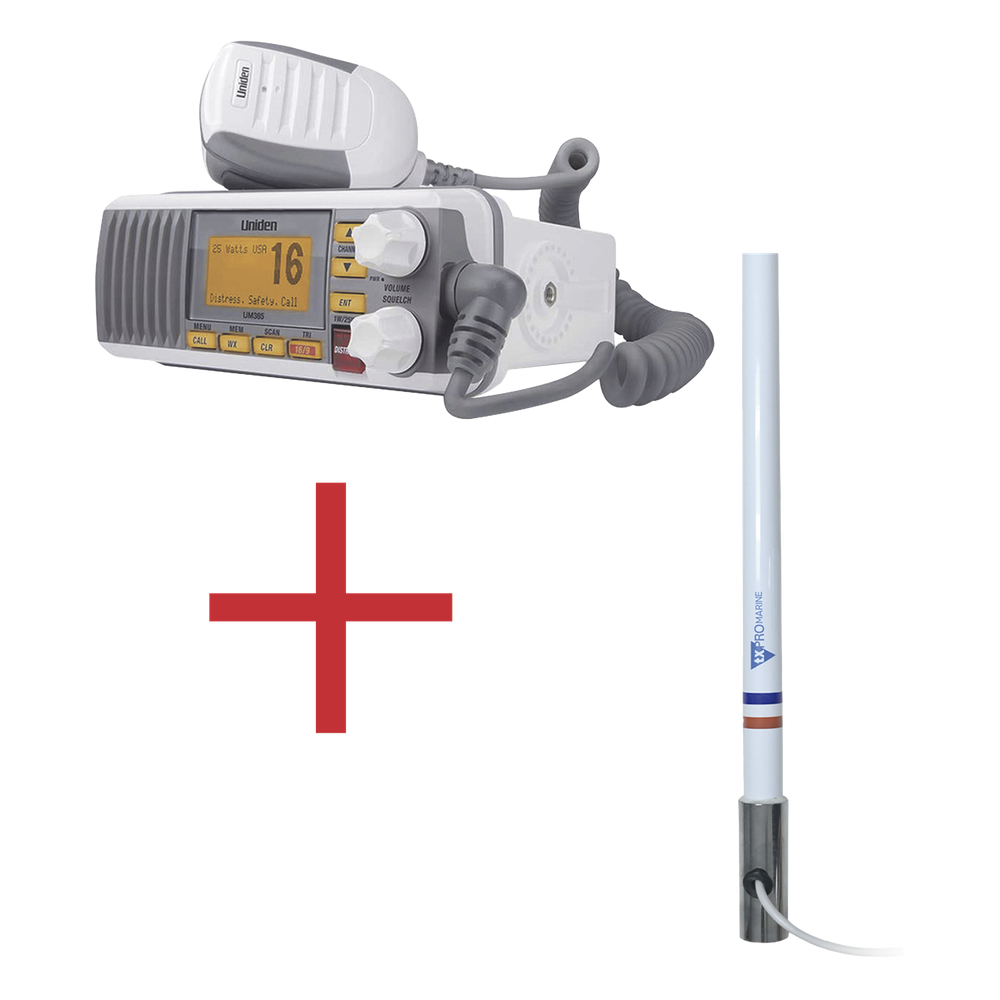 Kit de radio UM385 | mas antena marina de fibra de vidrio TX-5101-SYS fabricada en fibra de vidrio con base roscable de acero inoxidable
