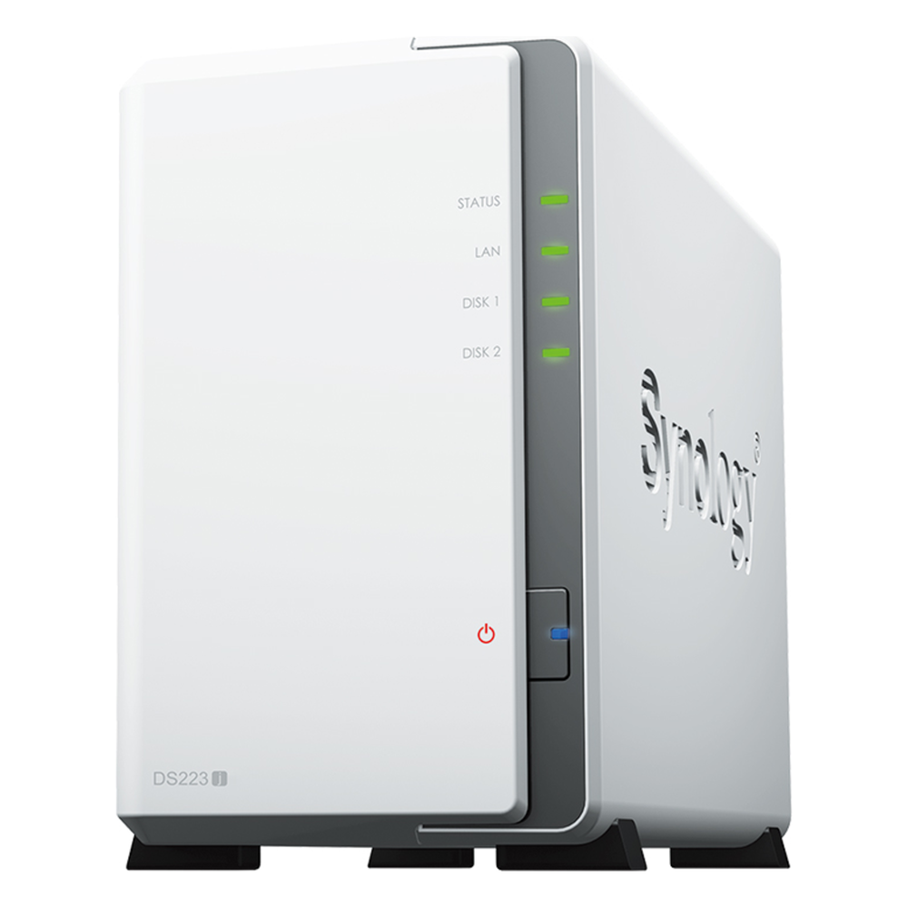 NAS DiskStation DS223j | 2 Bahías | CPU Realtek RTD1619B 1.7 GHz | 1 GB DDR4 | Puerto 1GbE RJ-45 | USB 3.2 Gen 1 | Compatible con HDD y SSD | Synology DSM | RAID 0, 1, JBOD | SMB, AFP, NFS, FTP | Vigilancia IP