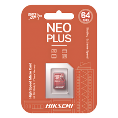 MicroSD HIKSEMI NEO Plus / 64 GB / 95 MB/s Lectura / 40 MB/s Escritura / Clase 10 U3 / TLC NAND / Especializada Para Videovigilancia 24/7