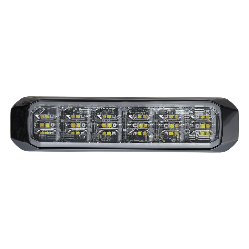 Luz Auxiliar de 18 LED, Tricolor, Rojo/Blanco/Ambar, Lente Transparente, Bisel Negro, SAE