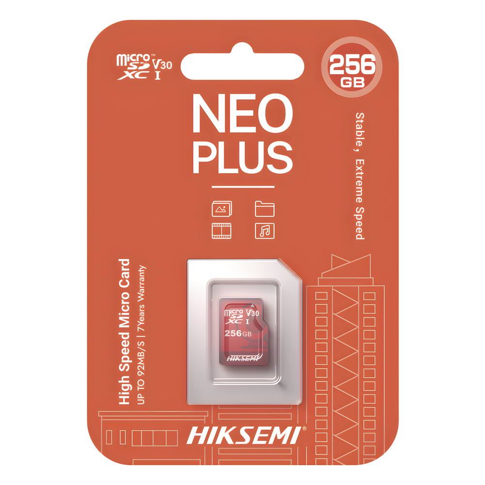 MicroSD HIKSEMI NEO Plus / 256 GB / 95 MB/s Lectura / 55 MB/s Escritura / Clase 10 U3 / TLC NAND / Especializada Para Videovigilancia 24/7
