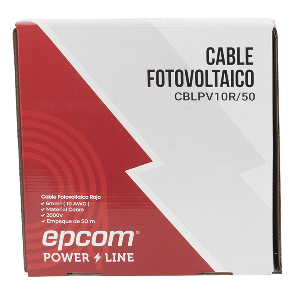Kit de 2 rollos de 50 metros de cable fotovoltaico de cobre, rojo y negro, calibre 10 AWG (6mm²), Tipo PV,  1000/2000 V y 120°C.