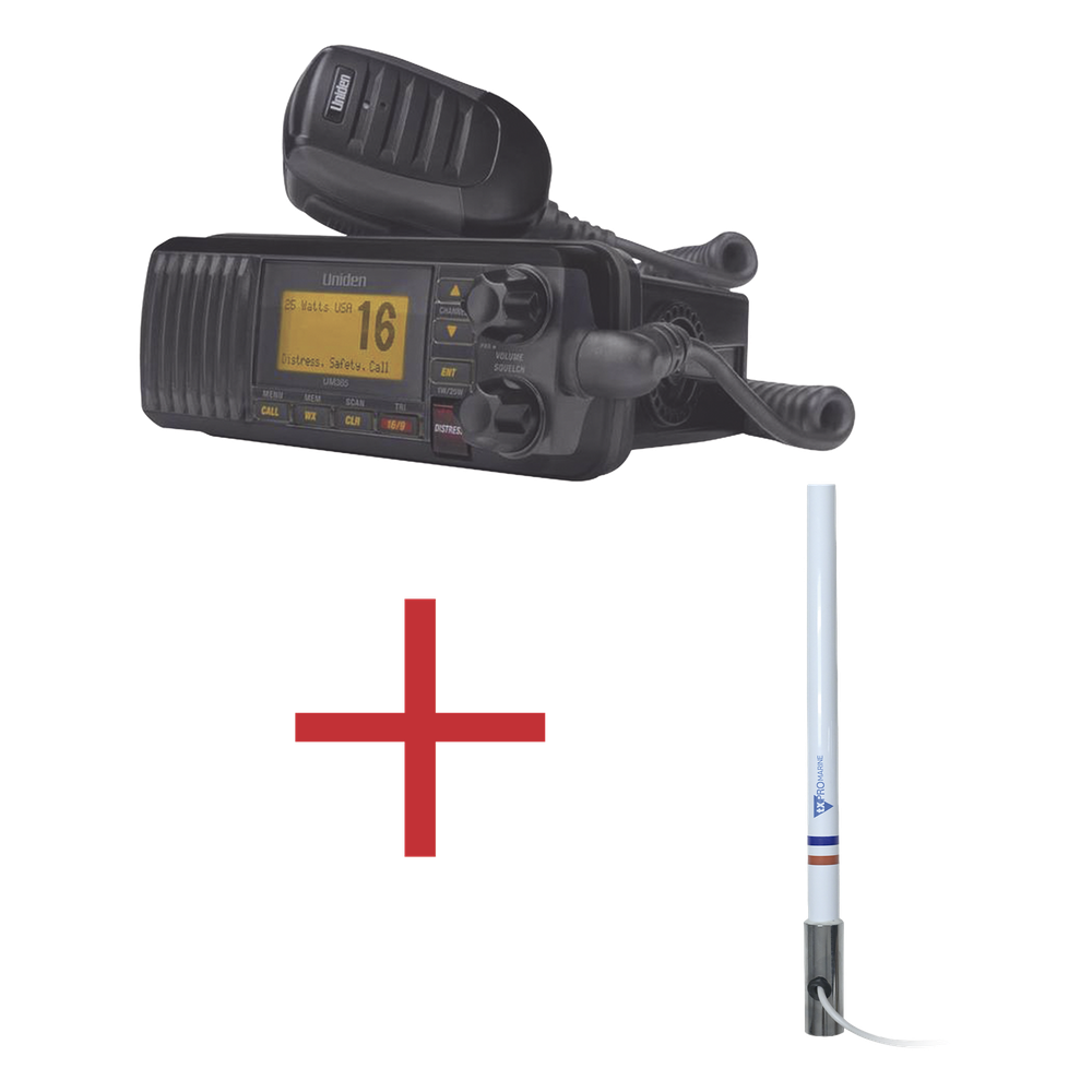 Kit de radio UM385BK | mas antena marina de fibra de vidrio TX-5101SYS/10M fabricada en fibra de vidrio con base roscable de acero inoxidable
