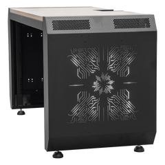 Consola Profesional para Monitoreo o Computo | Ranura para Base de Monitores | Microperforaciones | Luces LED Decorativas | Tomacorriente HTCM1U10C | Tapas Organizadoras de Cables | Niveladores | Rack para Montaje de Equipos | Ranura Pasaca