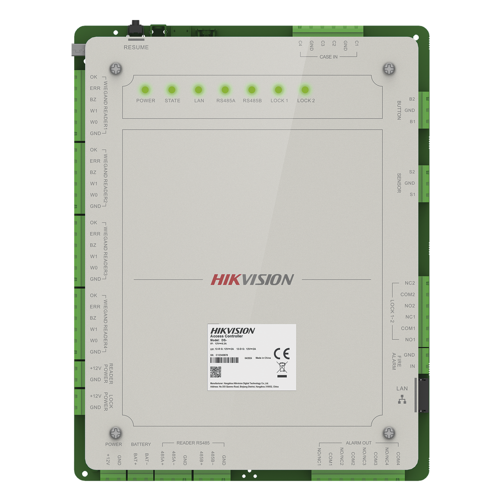 Controlador de Acceso 2 Puertas Administrable en la Nube con Hik-Connect Teams / Interfaz Web / 4 Lectores de Huella o Tarjeta / 100,000 Tarjetas / 10,000 Huellas / Incluye Gabinete y Fuente de Alimentación 12 Vcd 8 A / Soporta Batería de Re