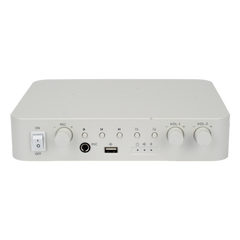 Amplificador | Bluetooth | 2 Canales con Control de volumen Independiente | 30 W por Canal | Salida 4-8 ohms x 2 | 100V COM x 2 | Una Zona | Música Ambiental