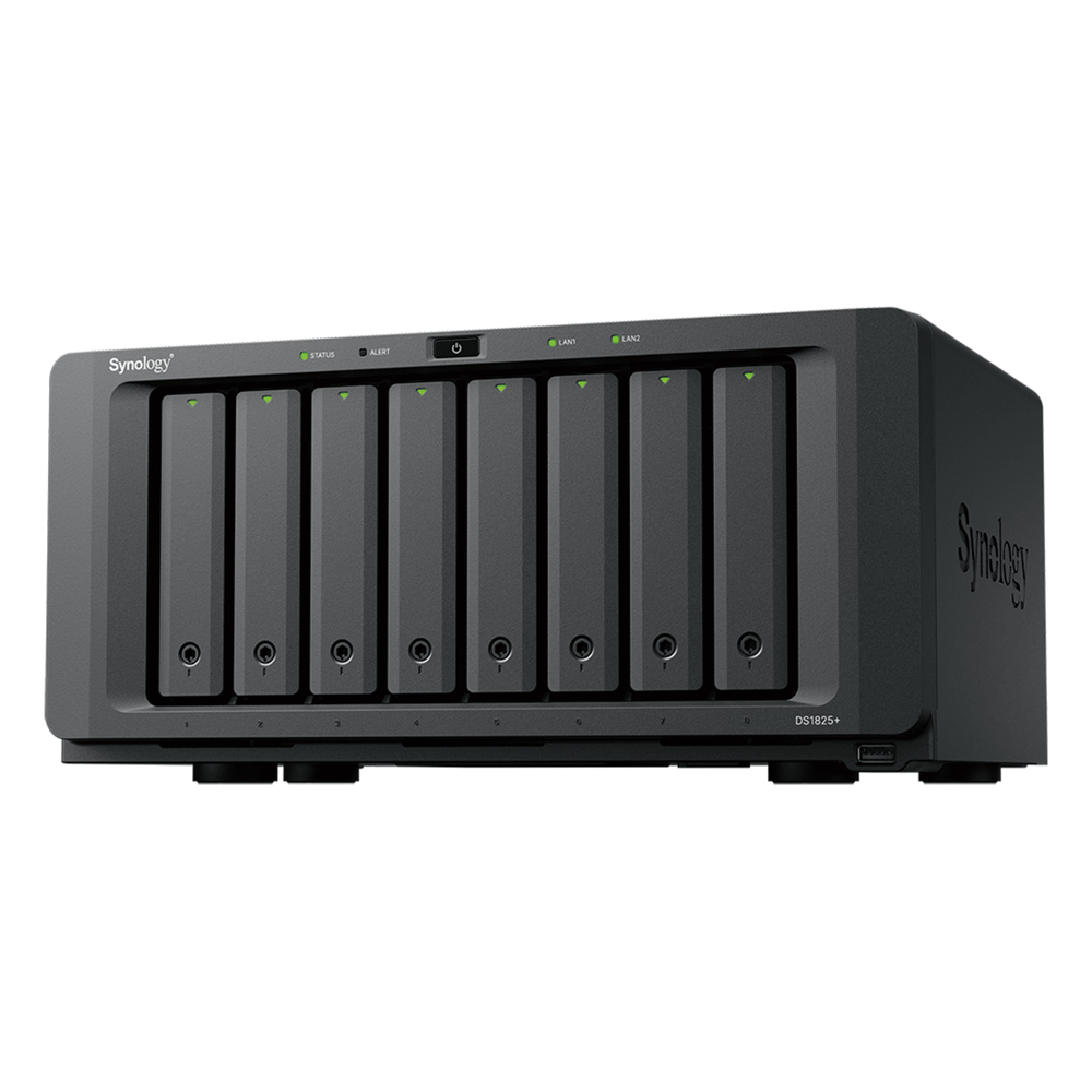 NAS DiskStation DS1825+ | 8 Bahías | AMD Ryzen V1500B | 8 GB DDR4 ECC | Hasta 2,239 MB/s Lectura | 2 Puertos 2.5GbE | Expansión PCIe 3.0 | Compatible con 10GbE y 25GbE | Caché SSD M.2 | Synology DSM.