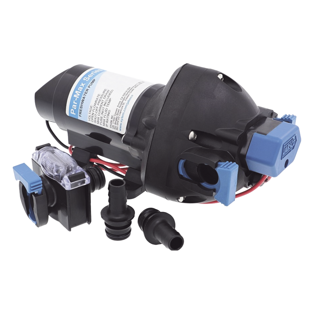 Bomba controlada por presión Par Max a 12 Vcd, caudal de 2 GPM, presión máxima 35 psi, para manguera de entrada con orificio de 38 mm (1½”), manguera de descarga con orificio de 25 mm (1”)