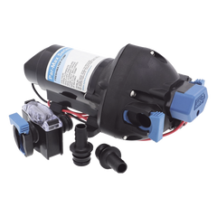 Bomba controlada por presión Par Max a 12 Vcd, caudal de 2 GPM, presión máxima 35 psi, para manguera de entrada con orificio de 38 mm (1½”), manguera de descarga con orificio de 25 mm (1”)