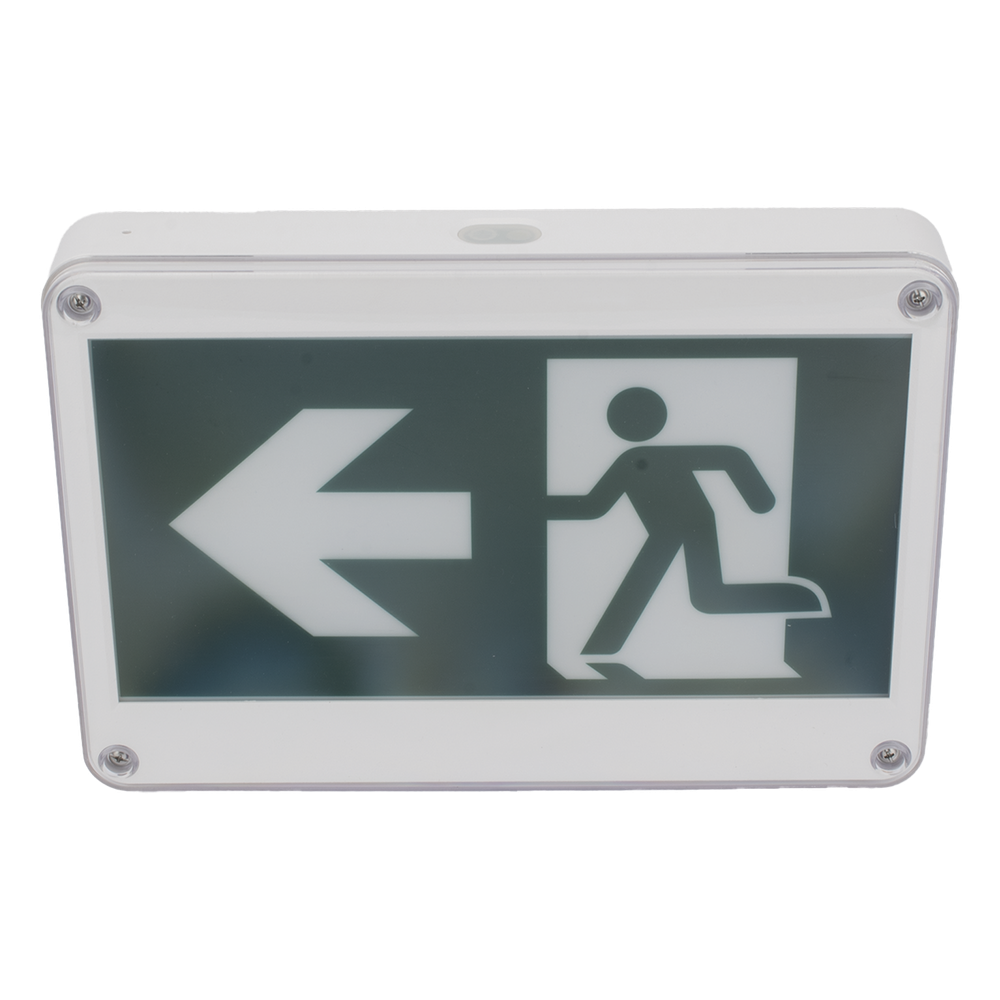 Letrero EXTERIOR de Señalización salida "Hombre Corriendo"/ Alto brillo / Uso en pared, lateral o techo / Batería de Respaldo Incluida con hasta 120 minutos de duración