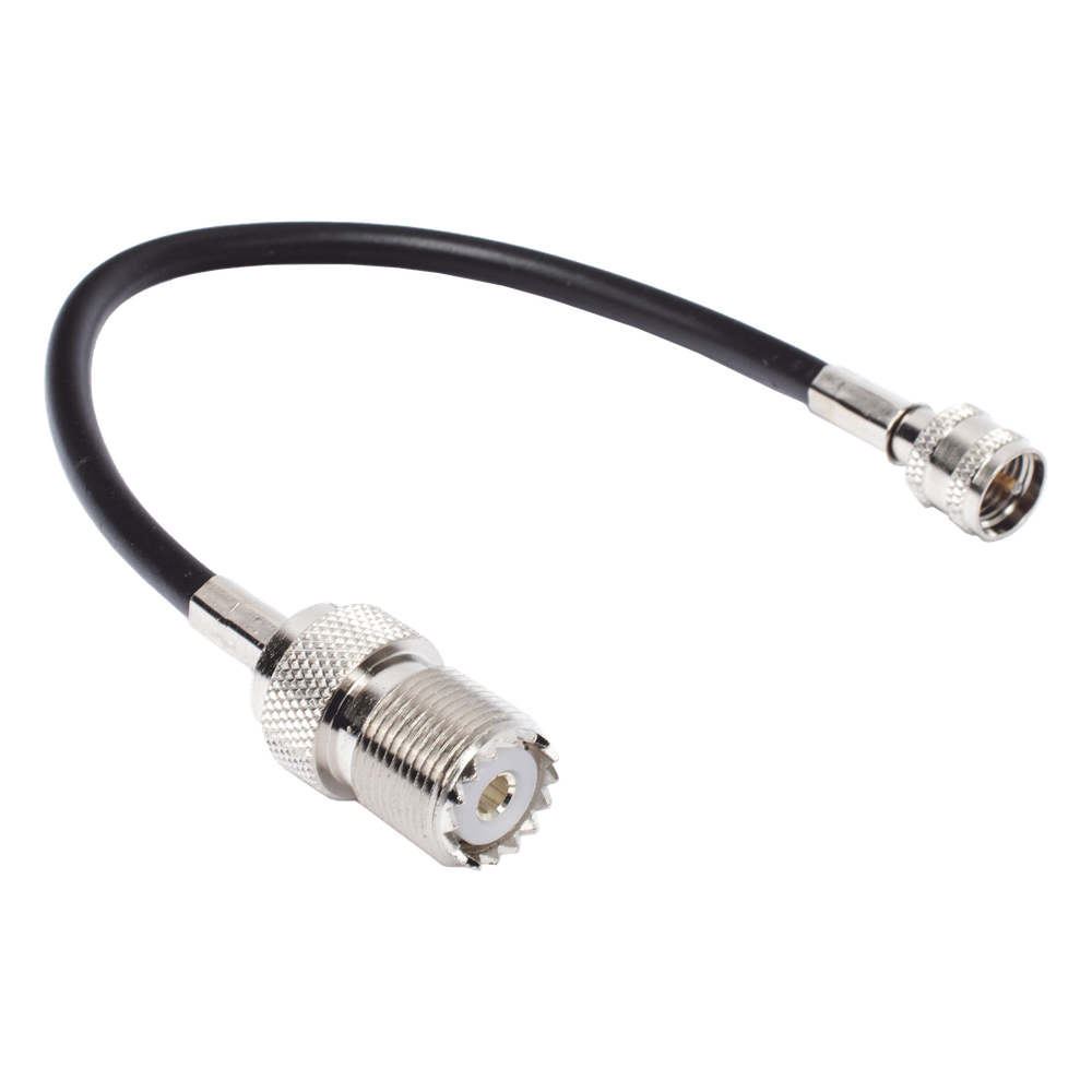 Jumper Adaptador de Conector Mini UHF Macho a UHF Hembra (SO-239), Níquel/ Oro y Plata/ Delrin.