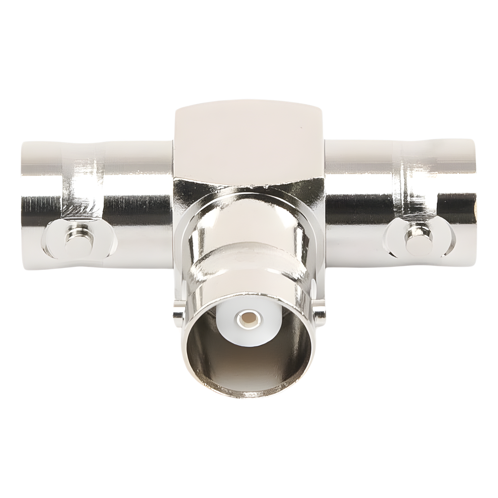 Adaptador Triple en T para 50 Ohm de BNC Hembra a Doble BNC Hembras, Níquel/ Plata/ Teflón.