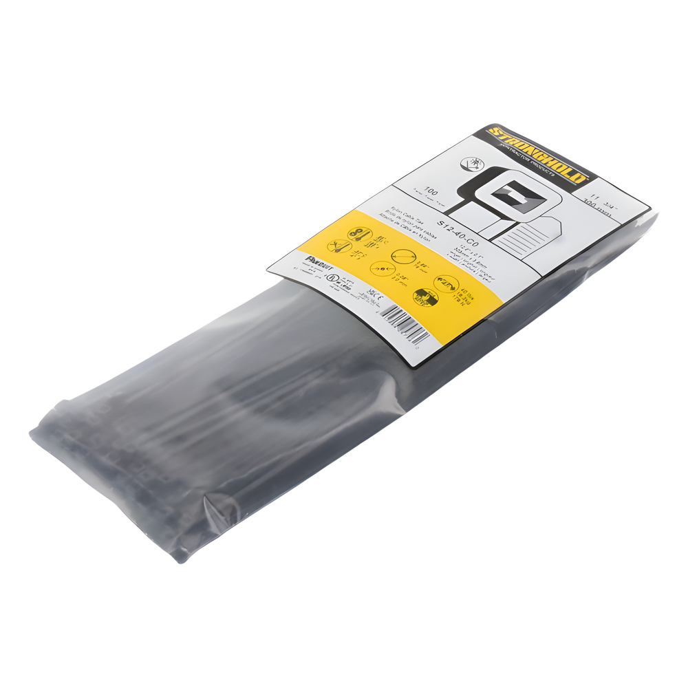 Cincho de Nylon 6.6 StrongHold™, 300mm largo x 3.6mm ancho, Color Negro, Exterior Resistente a Rayos UV, Paquete de 100pz
