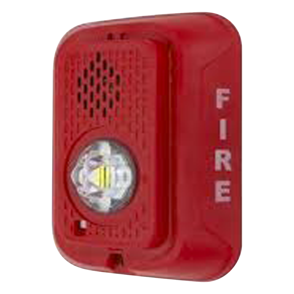 Sirena con estrobo LED de 2 hilos para pared, 24 Vcd, candela seleccionable hasta 185 cd, puntos de prueba DVM, color rojo