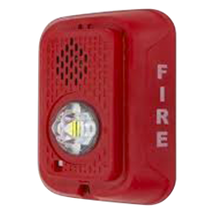 Sirena con estrobo LED de 2 hilos para pared, 24 Vcd, candela seleccionable hasta 185 cd, puntos de prueba DVM, color rojo
