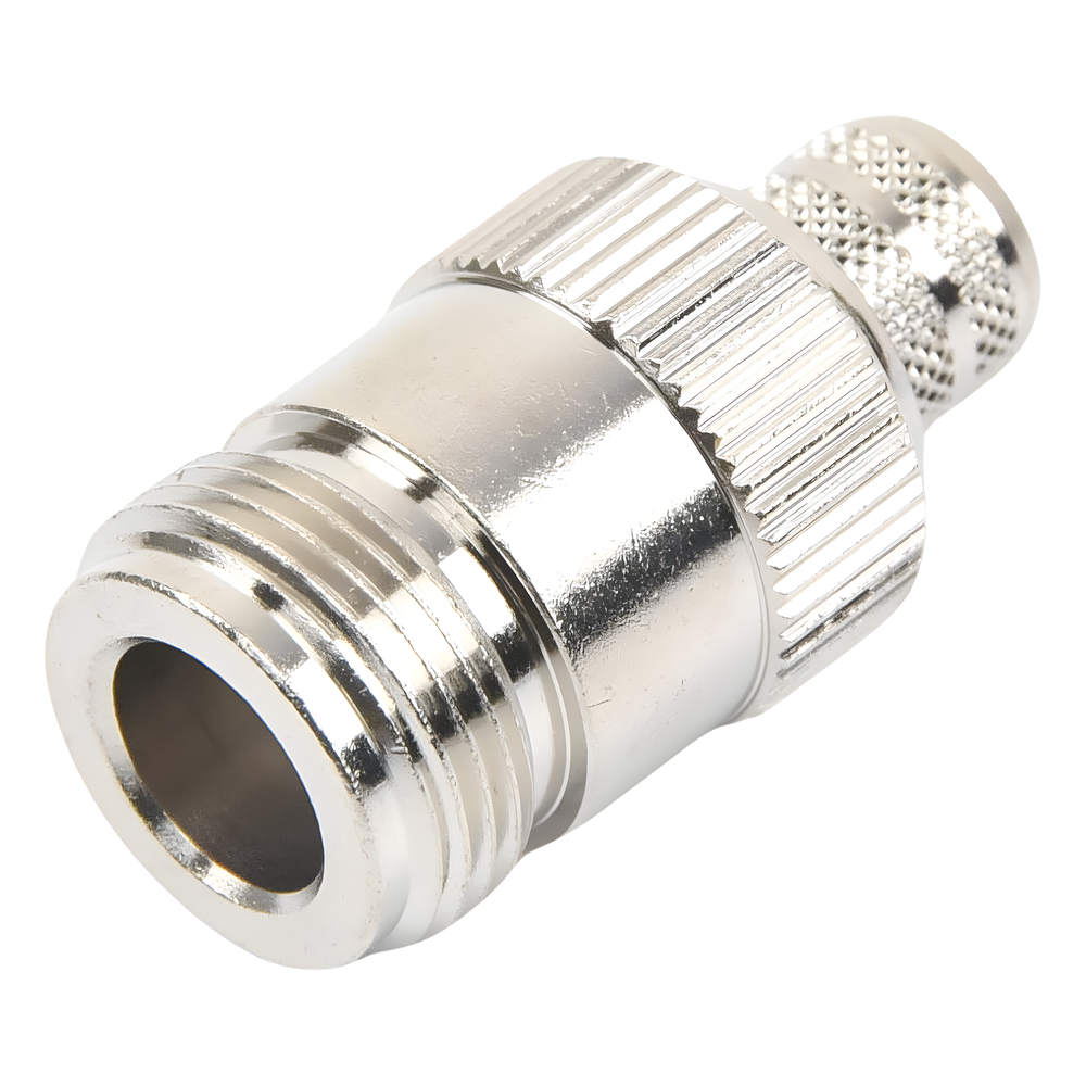 Conector N Hembra Inverso de Anillo Plegable para Cables 9913, RG-8/U, LMR-400, Grupo I, Níquel/ Oro/ Teflón.