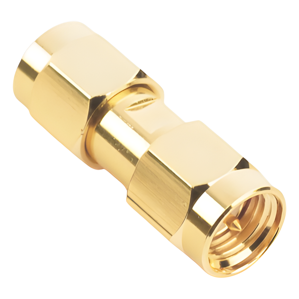 Adaptador Tipo Barril, de Conector SMA Macho a SMA Macho, Oro/ Oro/ Teflón.â€‹