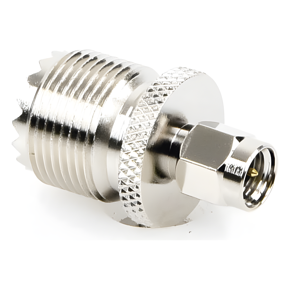 Adaptador en Línea, de Conector SMA Macho a UHF Hembra (SO-239), Níquel/ Oro/ Teflón.