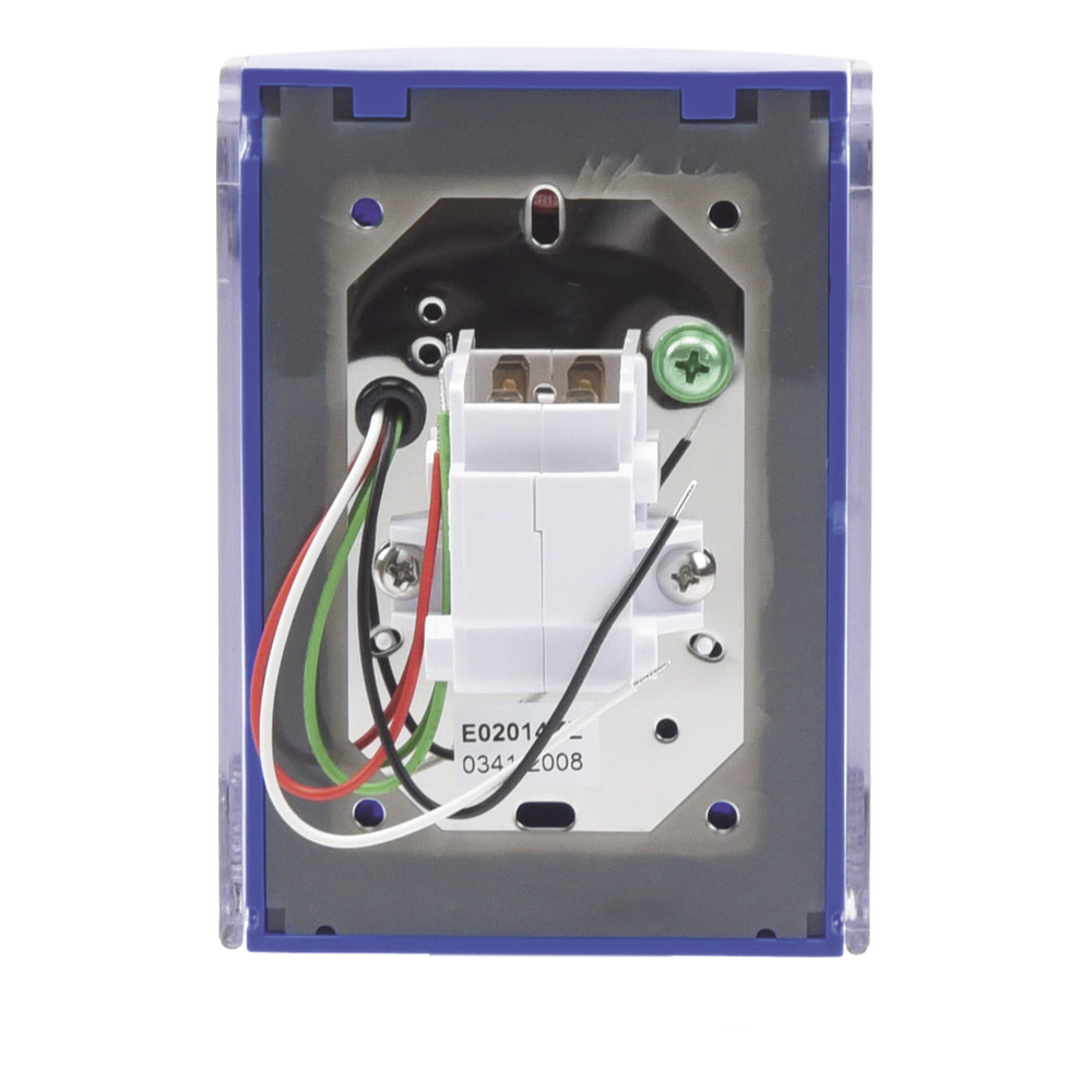 Botón Multipropósito, Color Azul, De Superficie, Con Tapa De Policarbonato, Con Bocina Pre Alarma, Para Interior, Llave Para Restablecer, Texto De Emergencia, Ingles