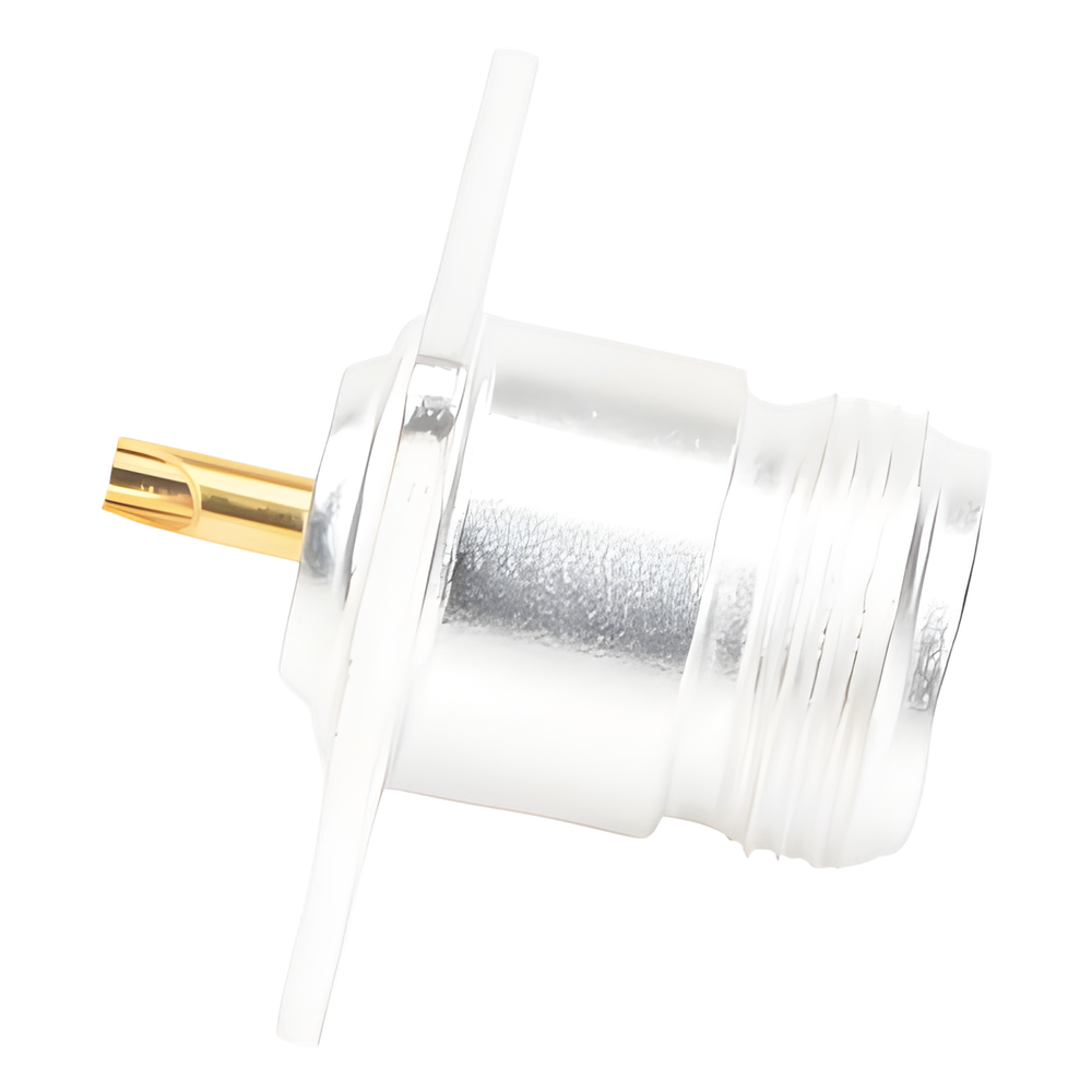 Conector N Hembra para Montaje Frontal en Panel con 4 Perforaciones a 18 mm, Plata/ Oro/ Teflón.