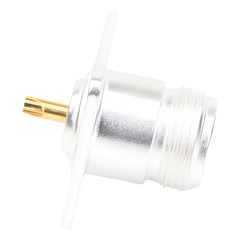 Conector N Hembra para Montaje Frontal en Panel con 4 Perforaciones a 18 mm, Plata/ Oro/ Teflón.