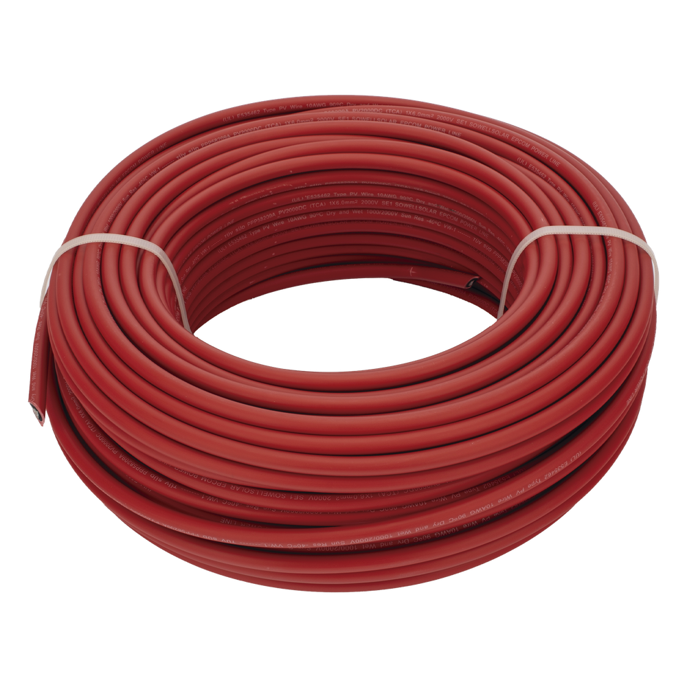 Cable Fotovoltaico Rojo / Cobre Estañado / 6 mm² (10 AWG) / 2000V / Rollo 50m / UL 4703 y TUV