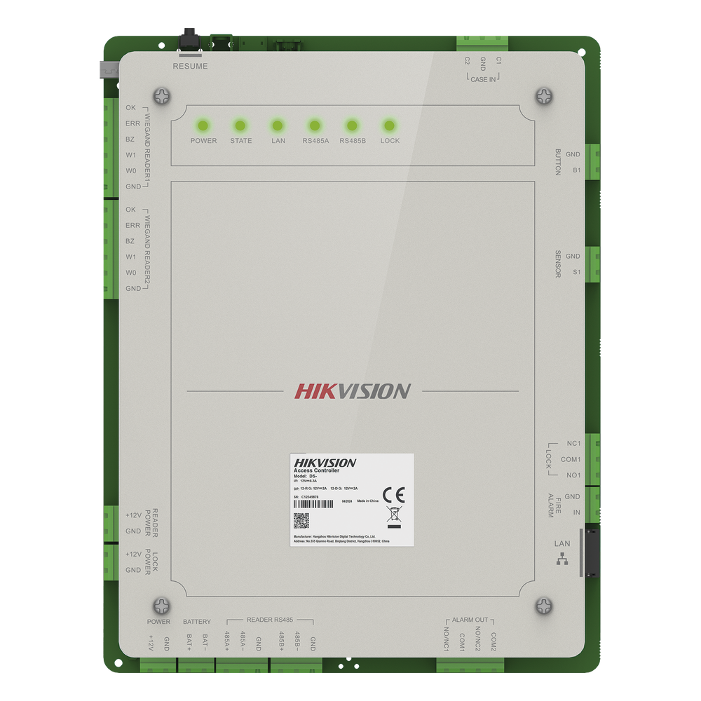 Controlador de Acceso 1 Puerta Administrable en la Nube con Hik-Connect Teams / Interfaz Web / 2 Lectores de Huella o Tarjeta / 100,000 Tarjetas / 10,000 Huellas / Incluye Gabinete y Fuente de Alimentación 12v 4A / Soporta Batería de Respald