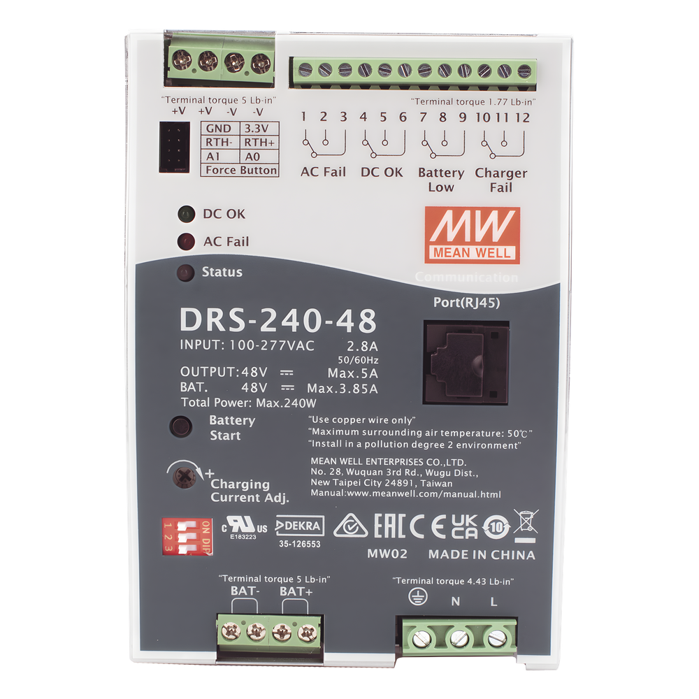 Fuente de Poder Industrial de 240W con Cargador de Baterías, salida 48Vcc, 5A, para montaje Riel Din