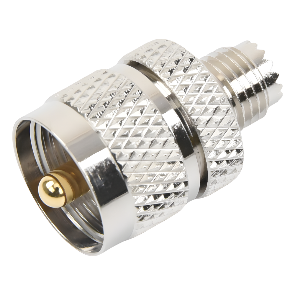 Adaptador en Línea de Conector Mini UHF Hembra a UHF Macho (PL-259), Níquel/ Oro/ Teflón.