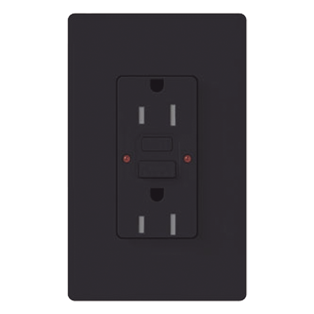 Tomacorriente GFCI autocomprobante de 15 A y 125 V, resistente a manipulaciones, con indicadores LED de estado y falla, color negro