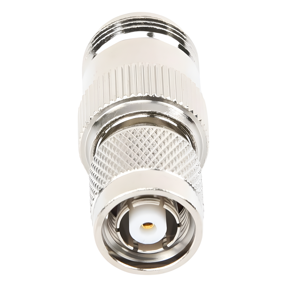 Adaptador en Línea, de Conector TNC Macho Inverso a N Hembra, Niquel/ Oro/ Teflón.
