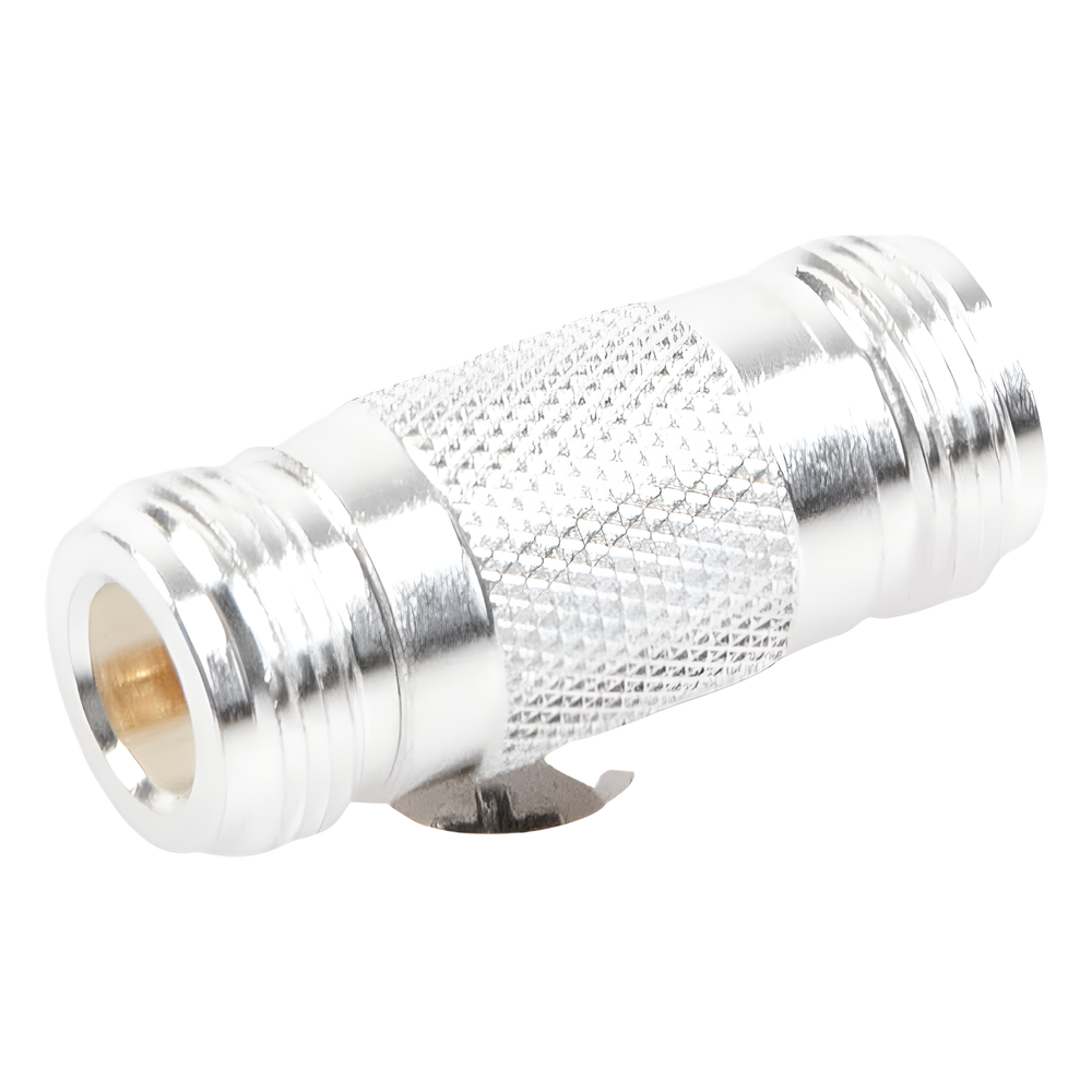 Adaptador Barril en Linea para 50 Ohm, de Conector N Hembra a N Hembra, Plata/ Oro/ Teflón.