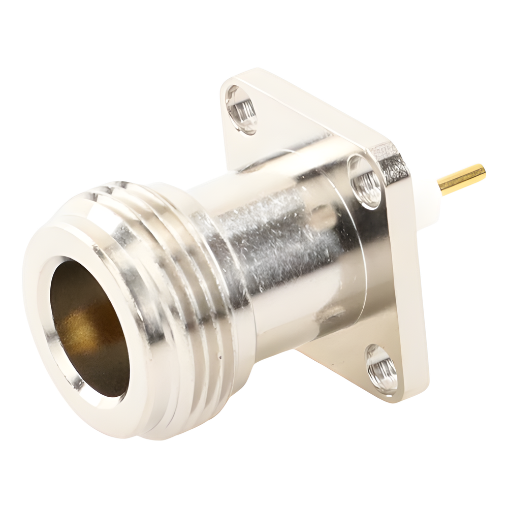Conector N Hembra de Montaje de Panel con 4 perforaciones a 12.7 mm, soldable.
