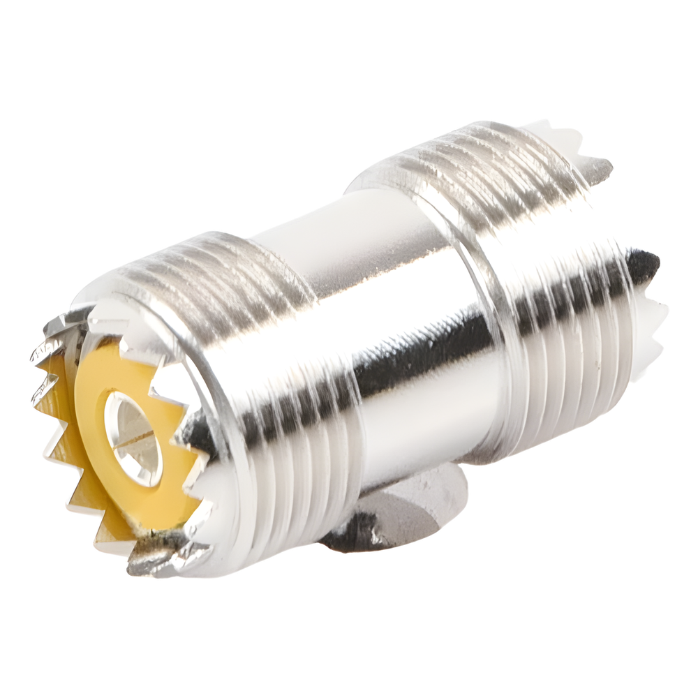 Adaptador Barril en Línea, de Conector UHF Hembra (SO-239) a UHF Hembra (SO-239), Niquel/ Plata/ Dap.
