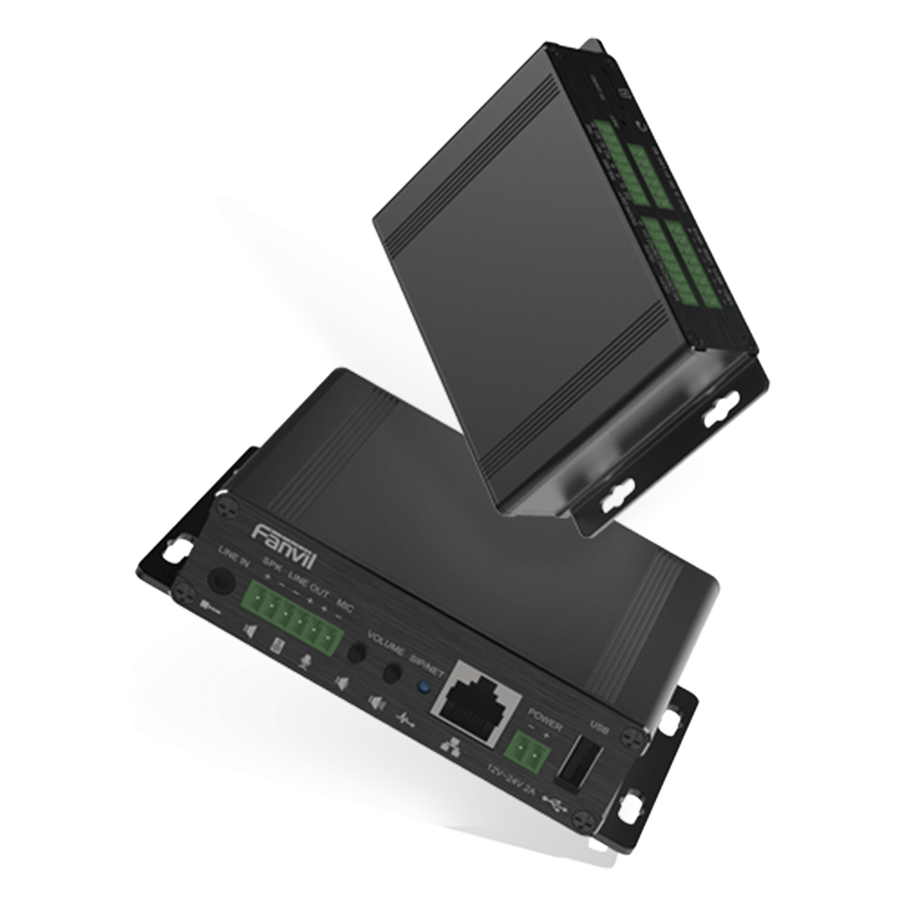 Gateway para Voceo IP/SIP,  Entrada de audio (3.5mm), salida de amplificador integrado de hasta 30W, puerto USB (reproducción de MP3),