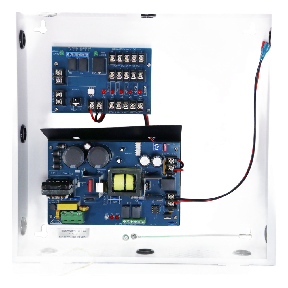 Fuente de Poder con Respaldo para Control de Acceso AL1012FC / 12VDC @ 10A / 8 Salidas Independientes / Conversión 115VAC a 12-24VDC / Batería de Respaldo 40Ah / Interfaz FACP / Supervisión AC y Batería / Montaje en Pared