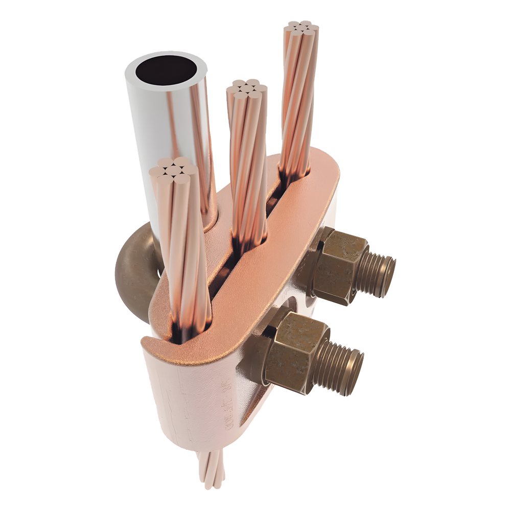Conector Mecánico para 3 Cables para Calibre 2/0 AWG - 250 KCMIL a Tubería de 3/8"  o  Varilla 5/8" - 3/4".