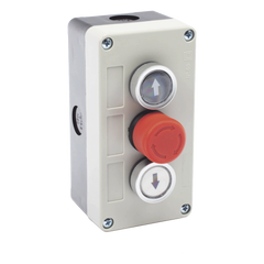 Botonera Triple con Boton de Stop Tipo Enclavado / Para Barreras Vehiculares, Operadores Corredizos y Abatibles.