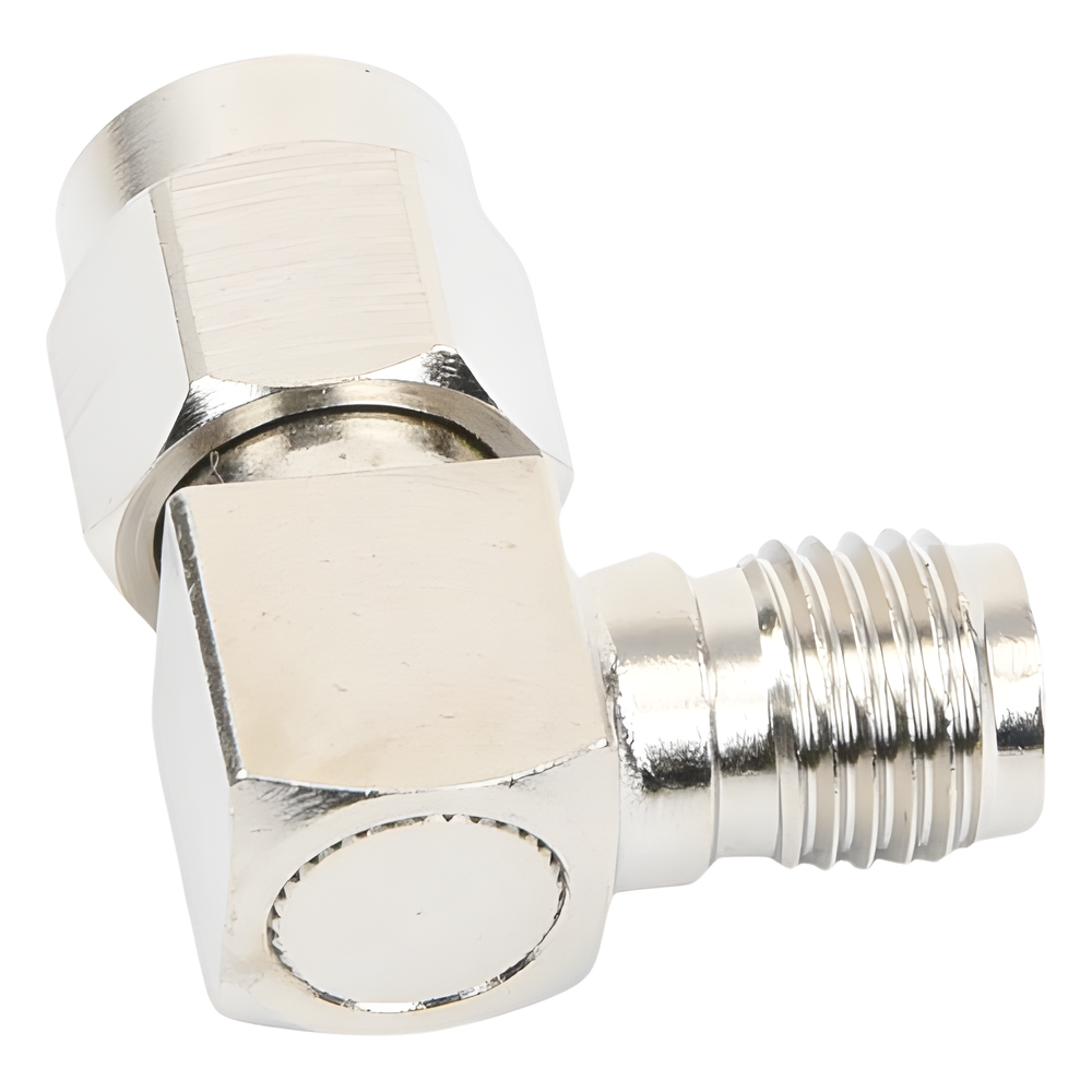 Adaptador en Ángulo Recto, de Conector SMA Macho a SMA Hembra Níquel/ Oro/ Teflón.
