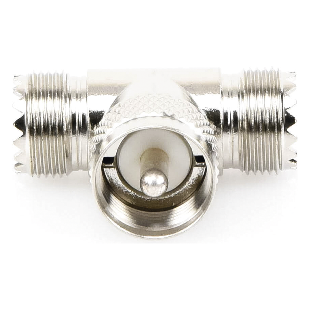 Adaptador en forma T, de Conector UHF Macho (PL-259) a Doble UHF Hembra (SO-239), Níquel/ Plata/ Delrin.