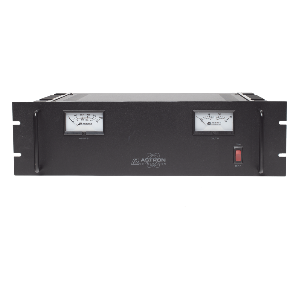 Fuente de poder 13.8Vcc, 50A, lineal regulada con circuito cargador de baterías, medidores, para instalación en rack