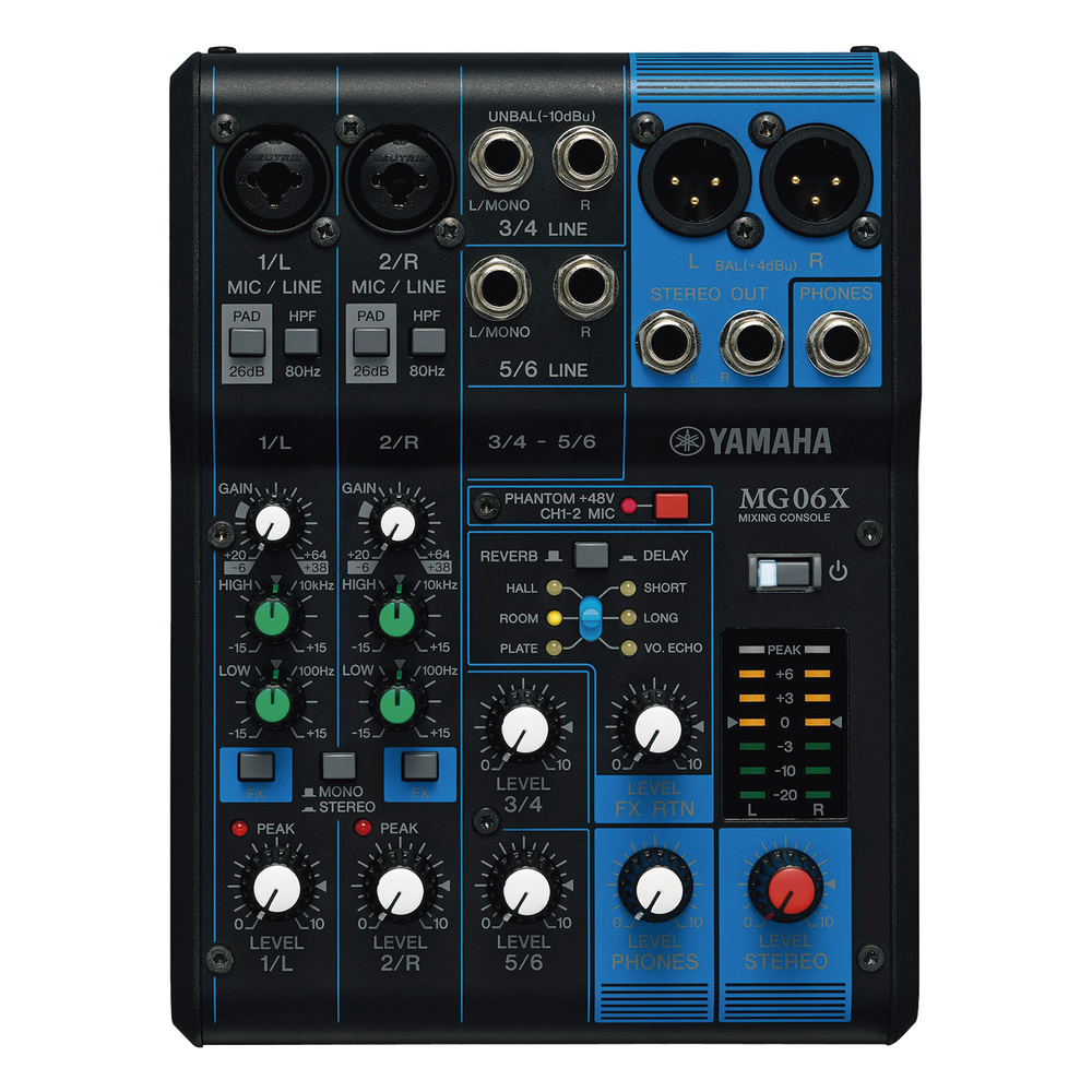 Mezcladora de Audio | 6 Canales | 2 entradas de micro/6 de línea (2 mono + 2 estéreo) | Efectos Integrados | Alimentación Phantom