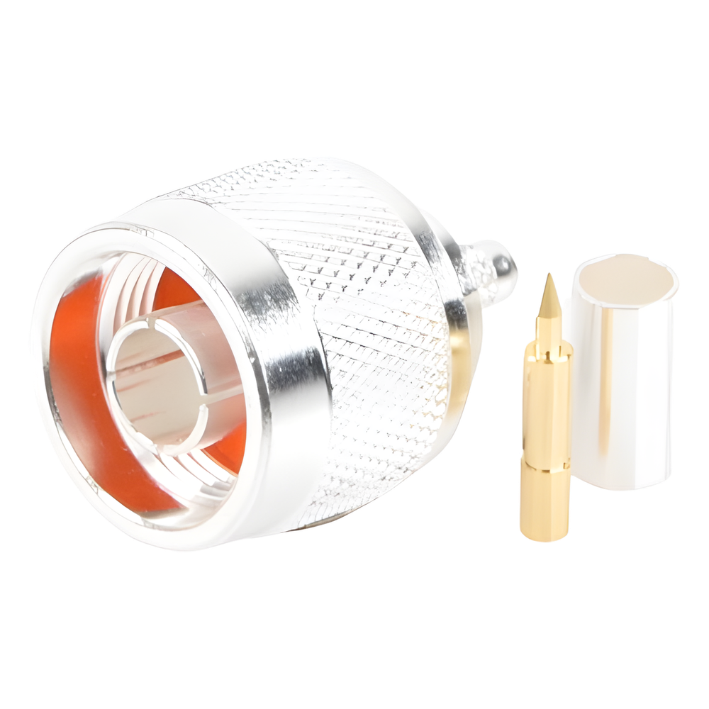 Conector N Macho de Anillo Plegable para Cable LP-195, RG-58/U, Plata/ Oro/ Teflón.
