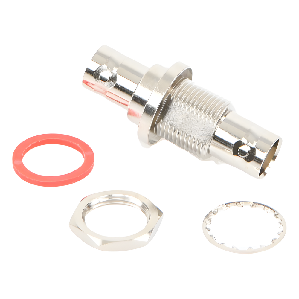 Adaptador Doble BNC Hembra para Chasis, Hermético y de Montaje en D-Plano, Níquel/ Oro/ Delrin.